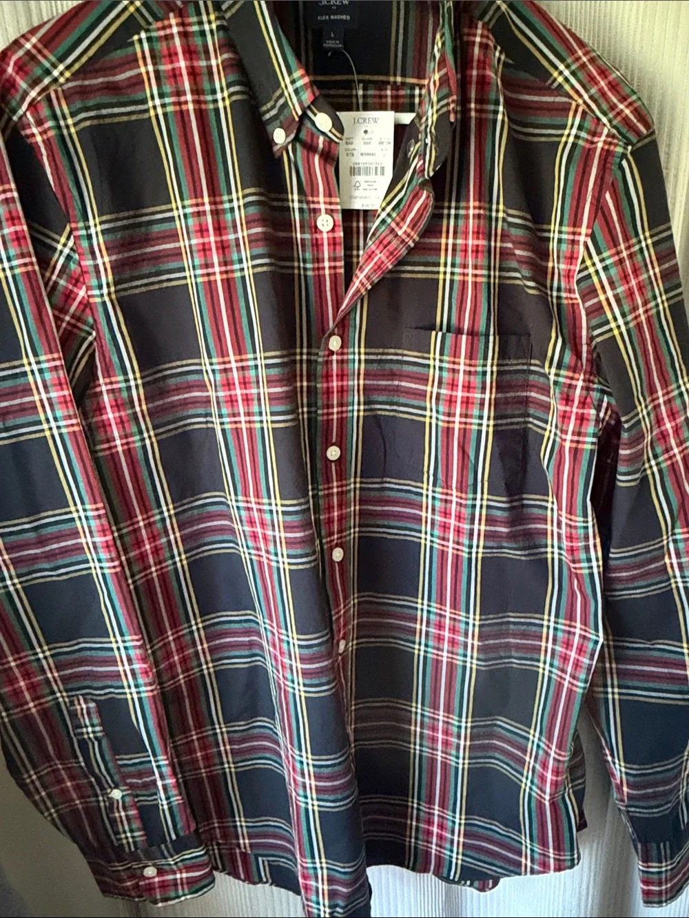 J. Crew Black Plaid Button-Down Shirt with Red, Green & Yellow Stripes